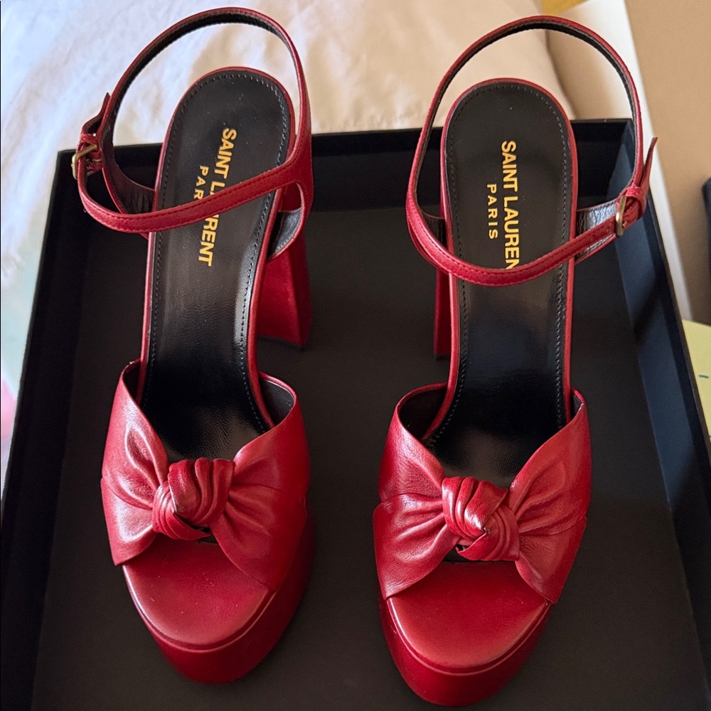 Saint Laurent Red Leather Knot Platform Sandals